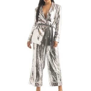 New ~ NICHOLE LYNEL THE LABEL ~  PROM Luxe Tux Sequin Suit Silver Wide Leg S